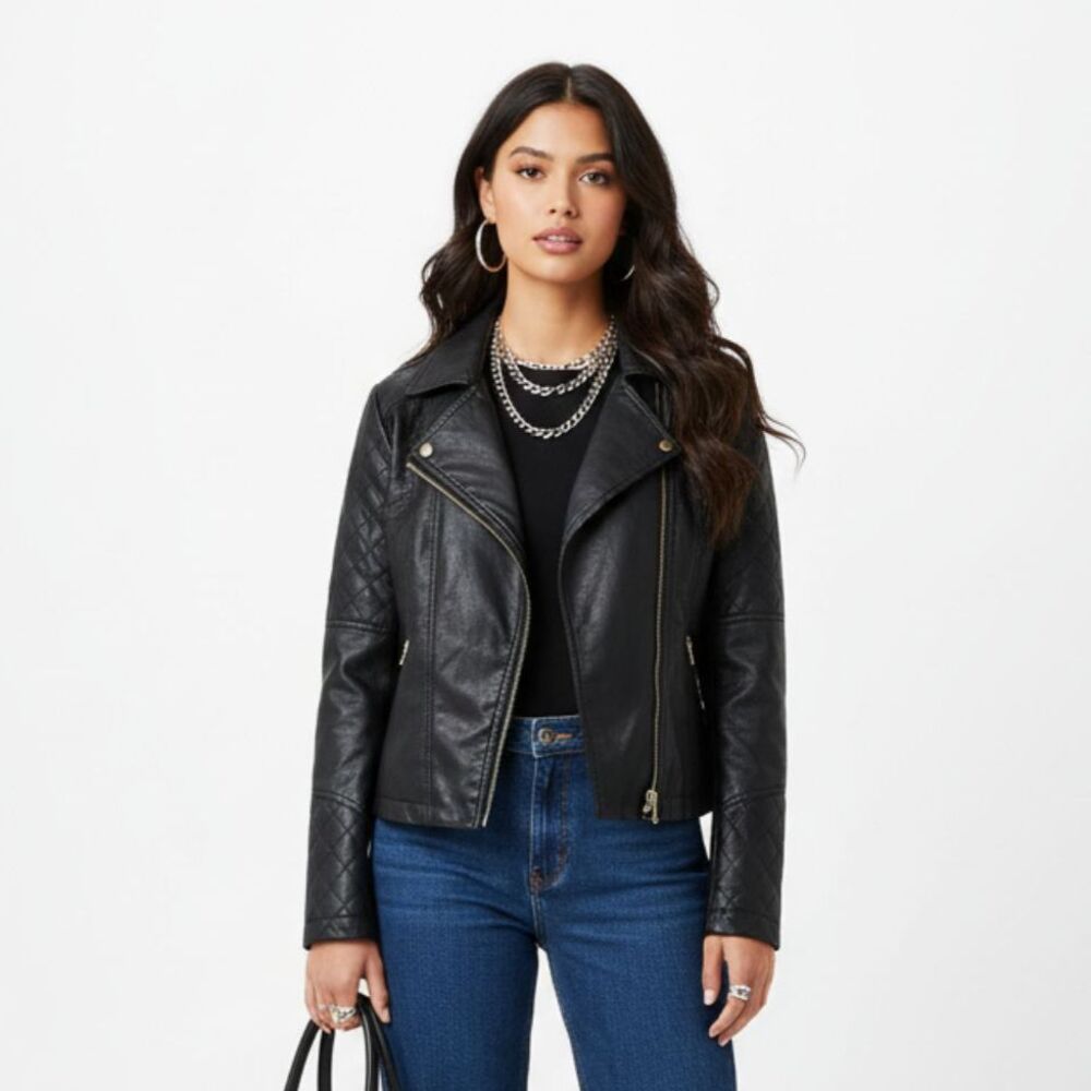 B Sweet Black Faux Vegan Leather Cropped Moto Zip Cropped Jacket L